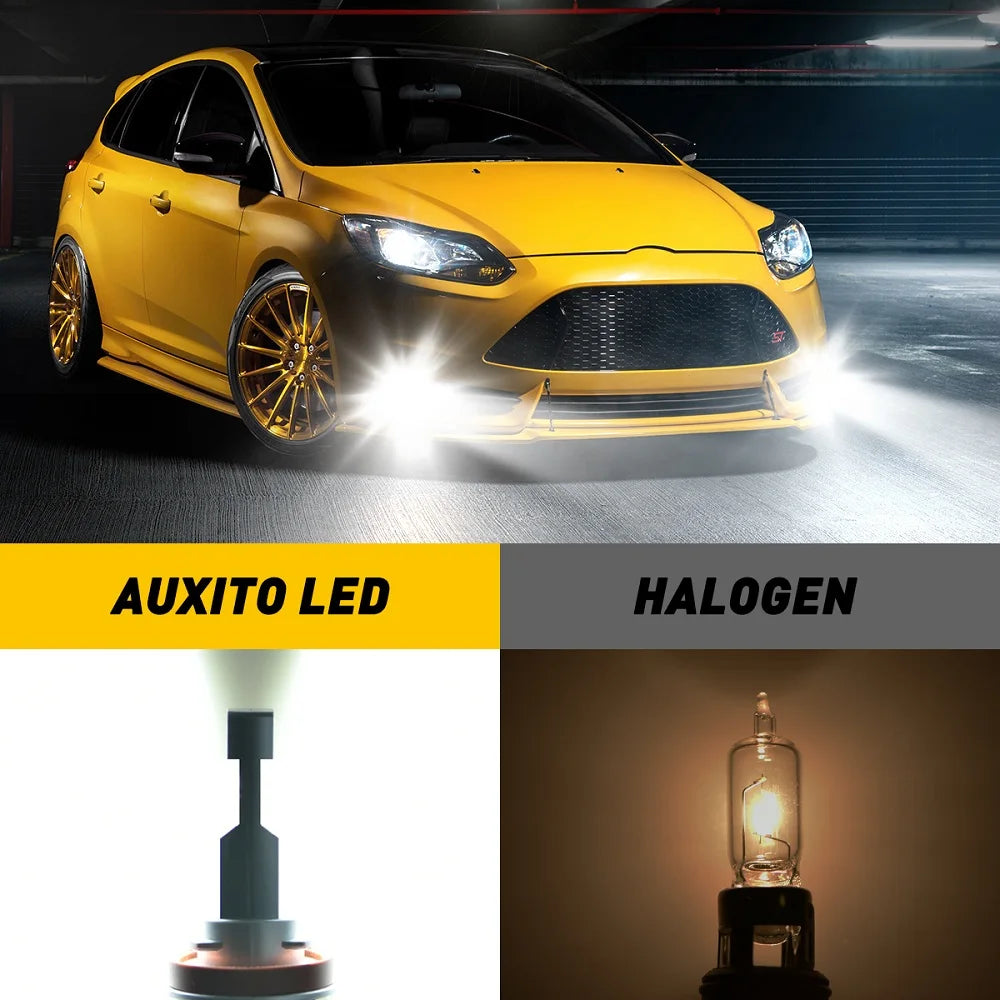Yellow car with aftermarket LED fog lights shown next to halogen bulbs for comparison