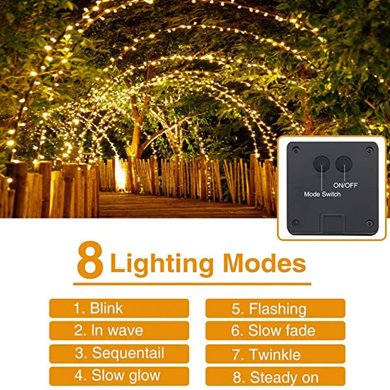 Solar fairy string lights illuminating a garden path with an arched light display and an ON/OFF mode switch.