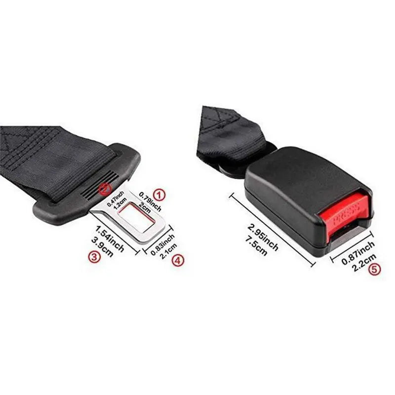 Black seat belt extender with metal buckle and various sized clips for car seatbelt lengthening.