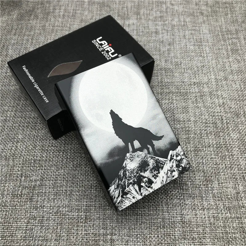 Ultra-Slim Aluminum Cigarette Case with Laser-Engraved Wolf Design