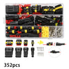 A plastic kit containing various black and red electrical connectors, including male and female terminals, and yellow compone