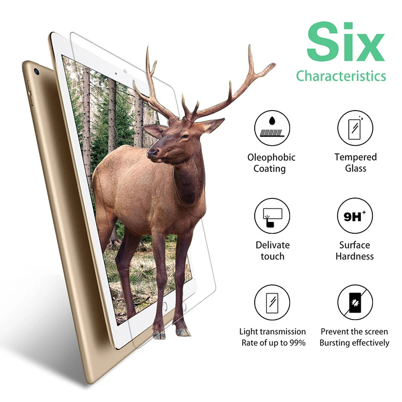 A golden-colored tablet shows a deer head design, highlighting six characteristics of the tempered glass screen protector.