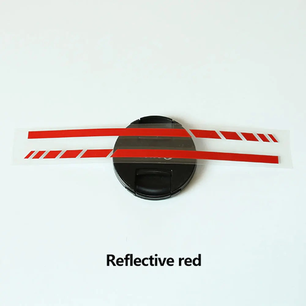 A rectangular reflective red vinyl decal with horizontal stripes on a white background.