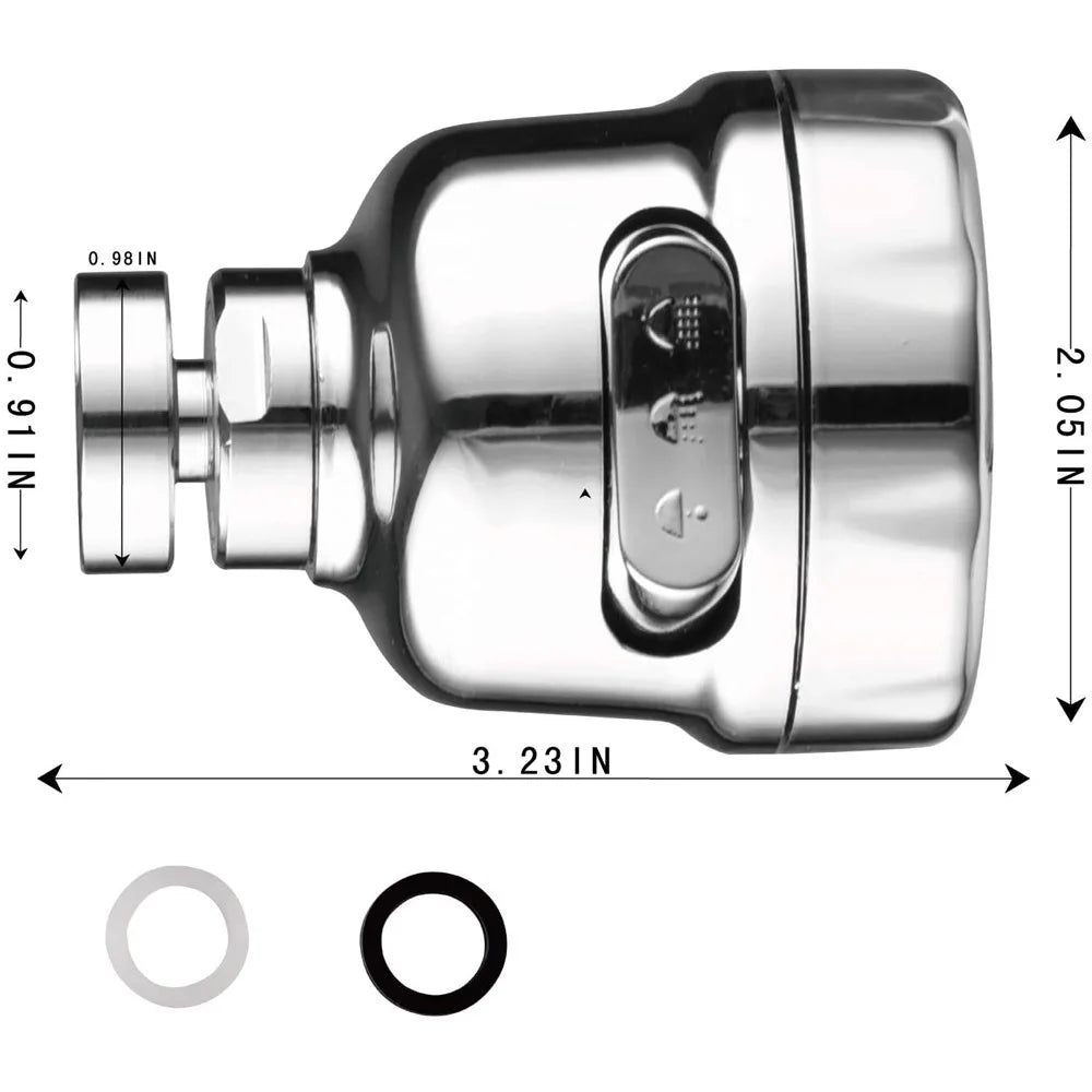 A chrome kitchen faucet aerator with dimensions and a swivel design.