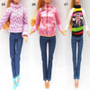 Three images of a fashion doll clothing set featuring pink and purple quilted jackets and dark blue pants.