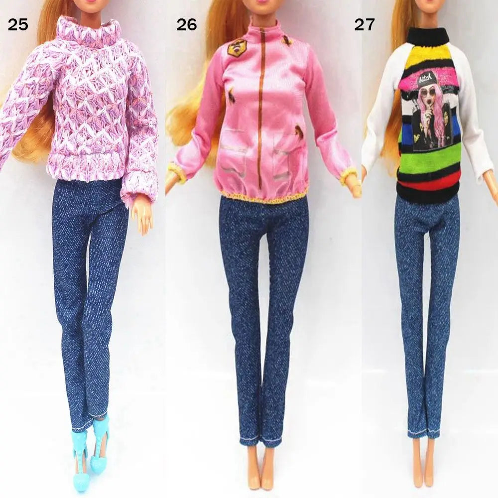 Three images of a fashion doll clothing set featuring pink and purple quilted jackets and dark blue pants.