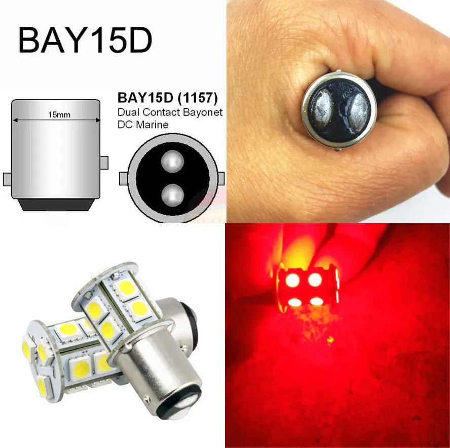 A close-up view of a BAY15D LED bulb and a similar dual contact bayonet light, along with an SMD LED bulb.
