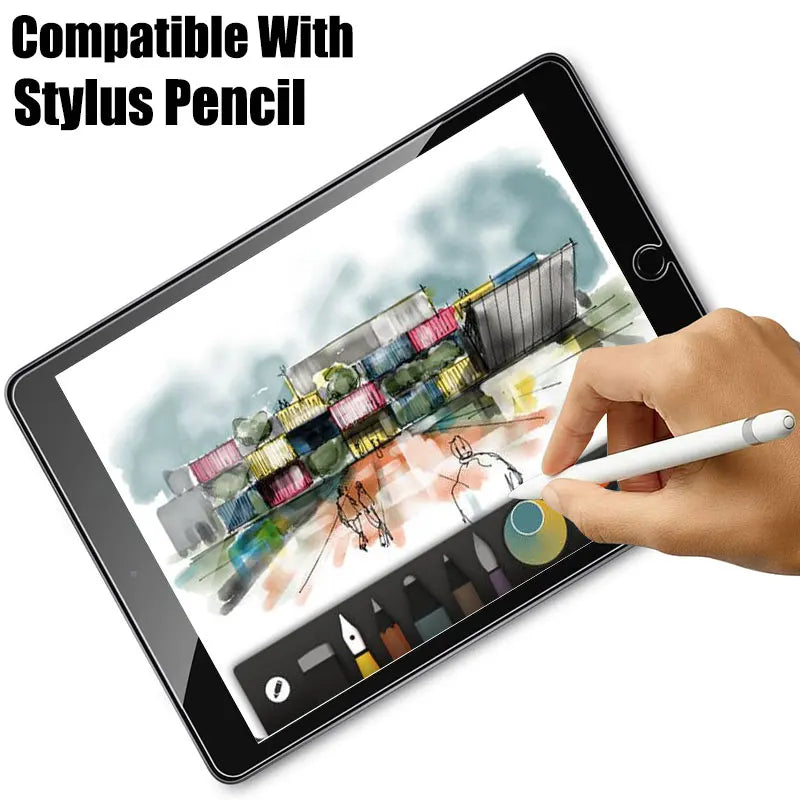 A hand is using a stylus pencil on an iPad screen, demonstrating compatibility with a stylus pencil.