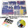 A clear plastic box containing 240 pieces of HID waterproof connectors and a blade fuse, with loose components displayed belo