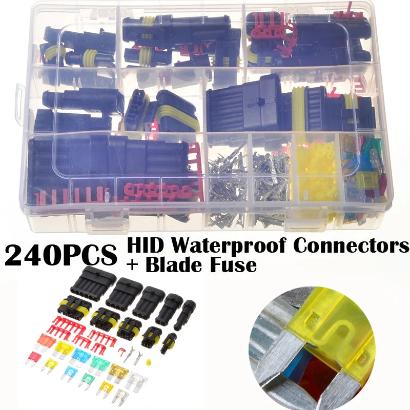 A clear plastic box containing 240 pieces of HID waterproof connectors and a blade fuse, with loose components displayed belo