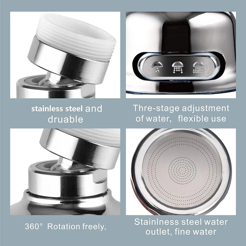 Stainless steel kitchen faucet aerator with three-stage adjustment and 360 degree rotation for fine water flow