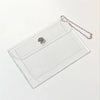 A clear PVC card holder with a silver chain attached, featuring a small, round, purple-colored charm.