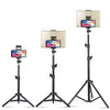 Adjustable aluminum tripod stand for tablets and phones in beige and black.