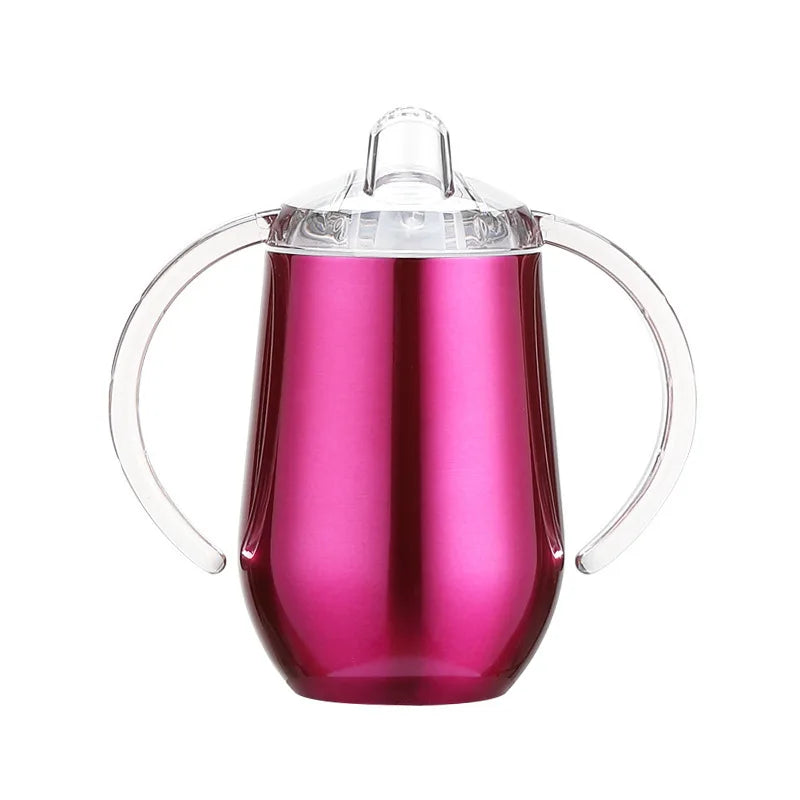 Tasse à sippy rose en acier inoxydable isotherme avec couvercle et poignée transparente.
