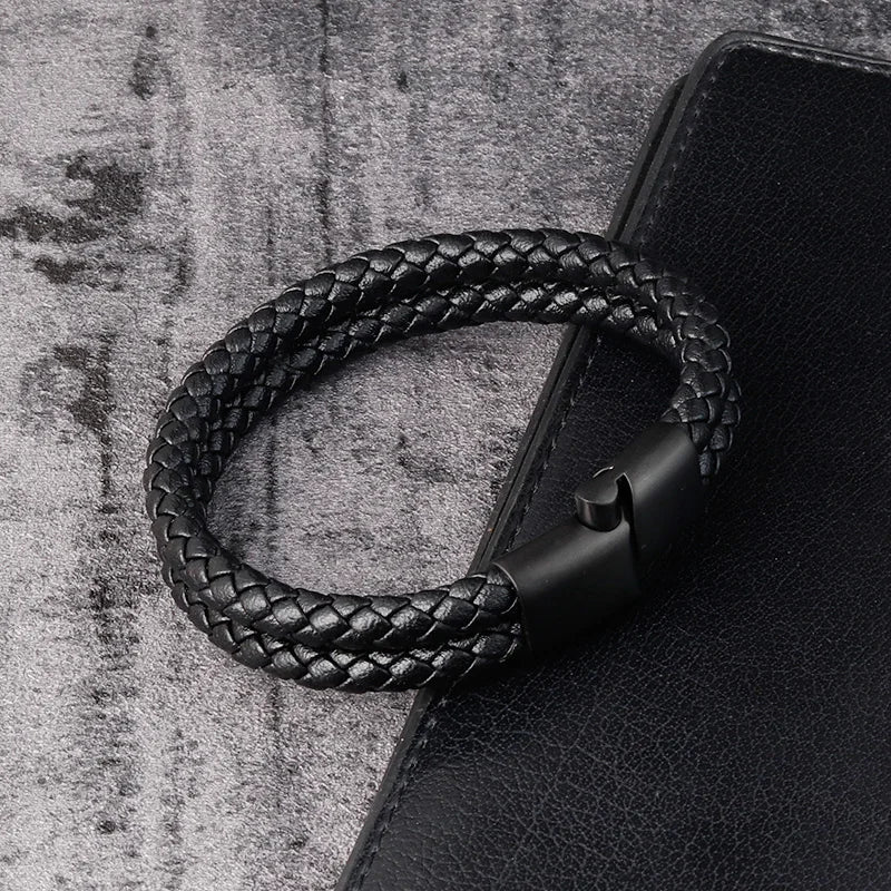 Men's Leather and Stainless Steel Bracelet with Magnetic Clasp