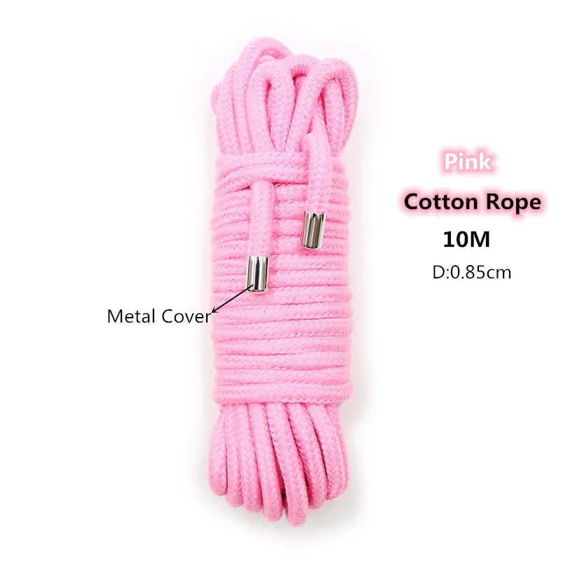 Pink cotton rope with metal covers, 10 meters long for bondage play.