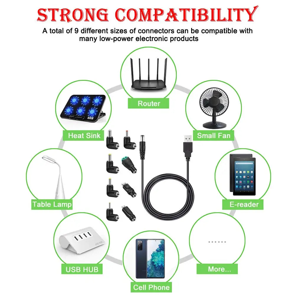 USB to DC Power Cable with 8 Interchangeable Connector Tips