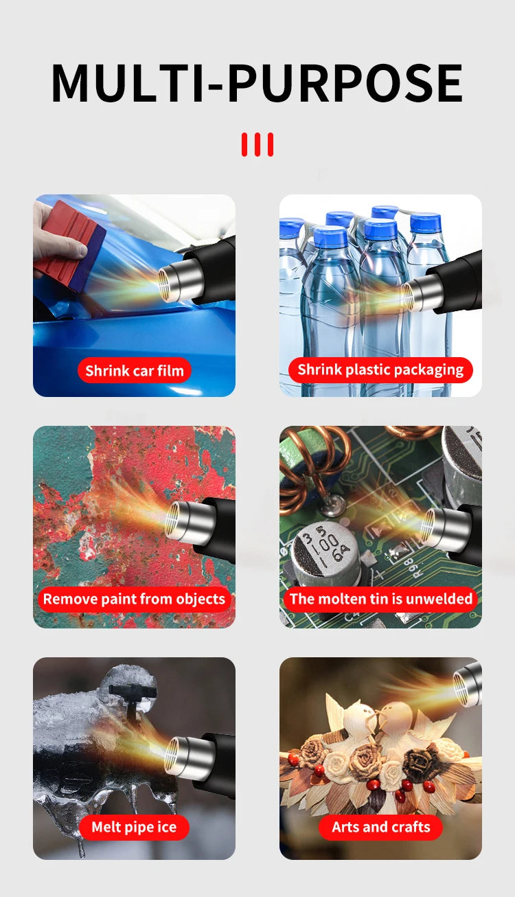 A multi-purpose digital heat gun is shown in various applications including shrinking car film, removing paint, unwelding tin