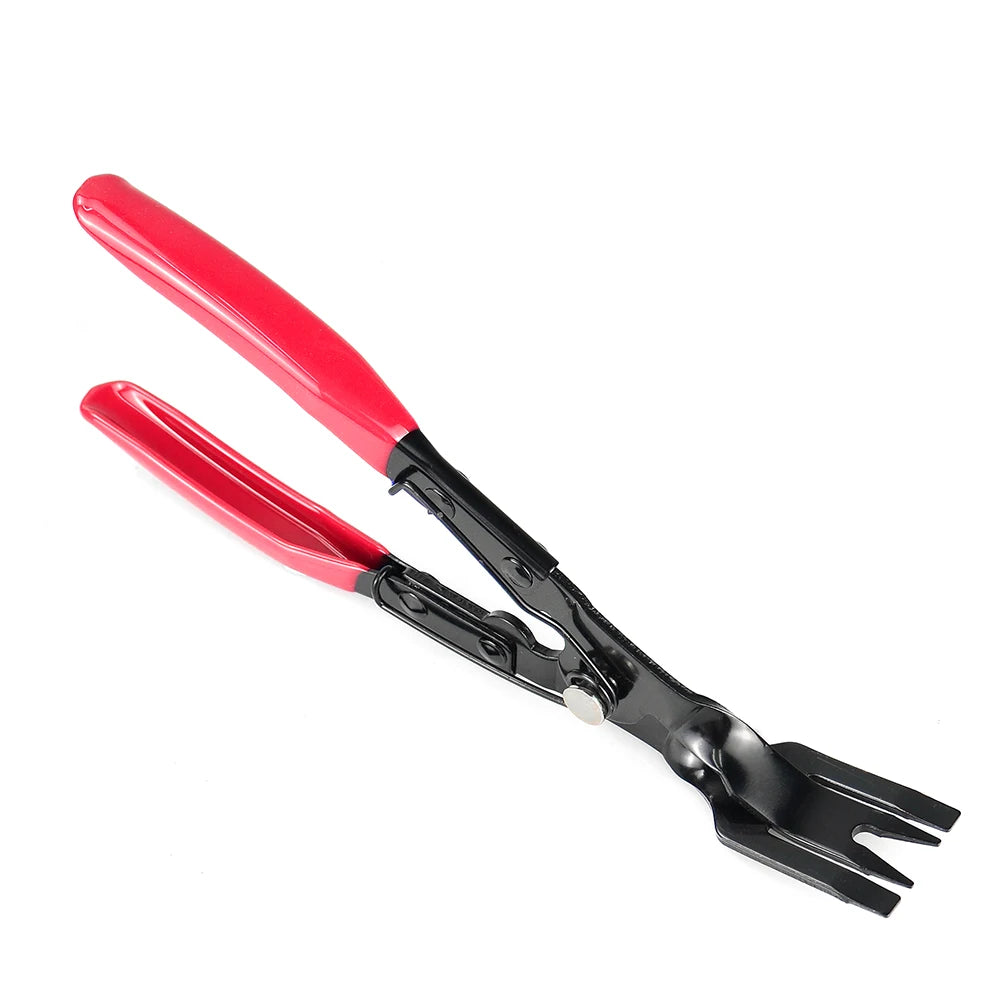 A pair of red and black trim clip removal pliers used for auto upholstery and panel work.