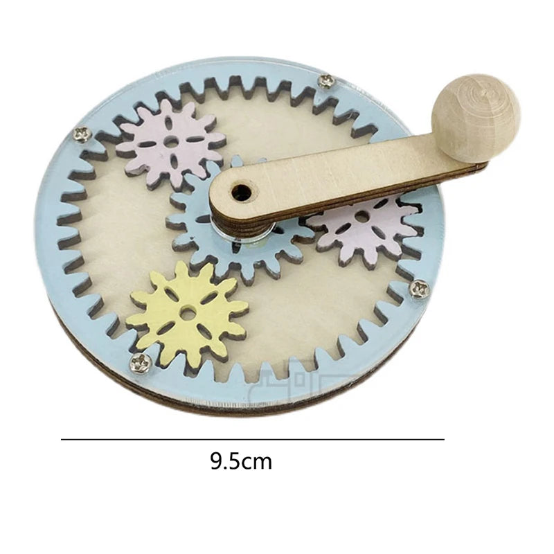 A wooden Montessori busy board featuring interlocking gears and a handle for toddlers.