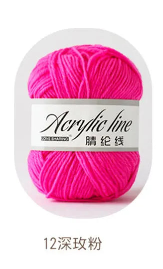 Pink acrylic line yarn balls with a label indicating 12 strands