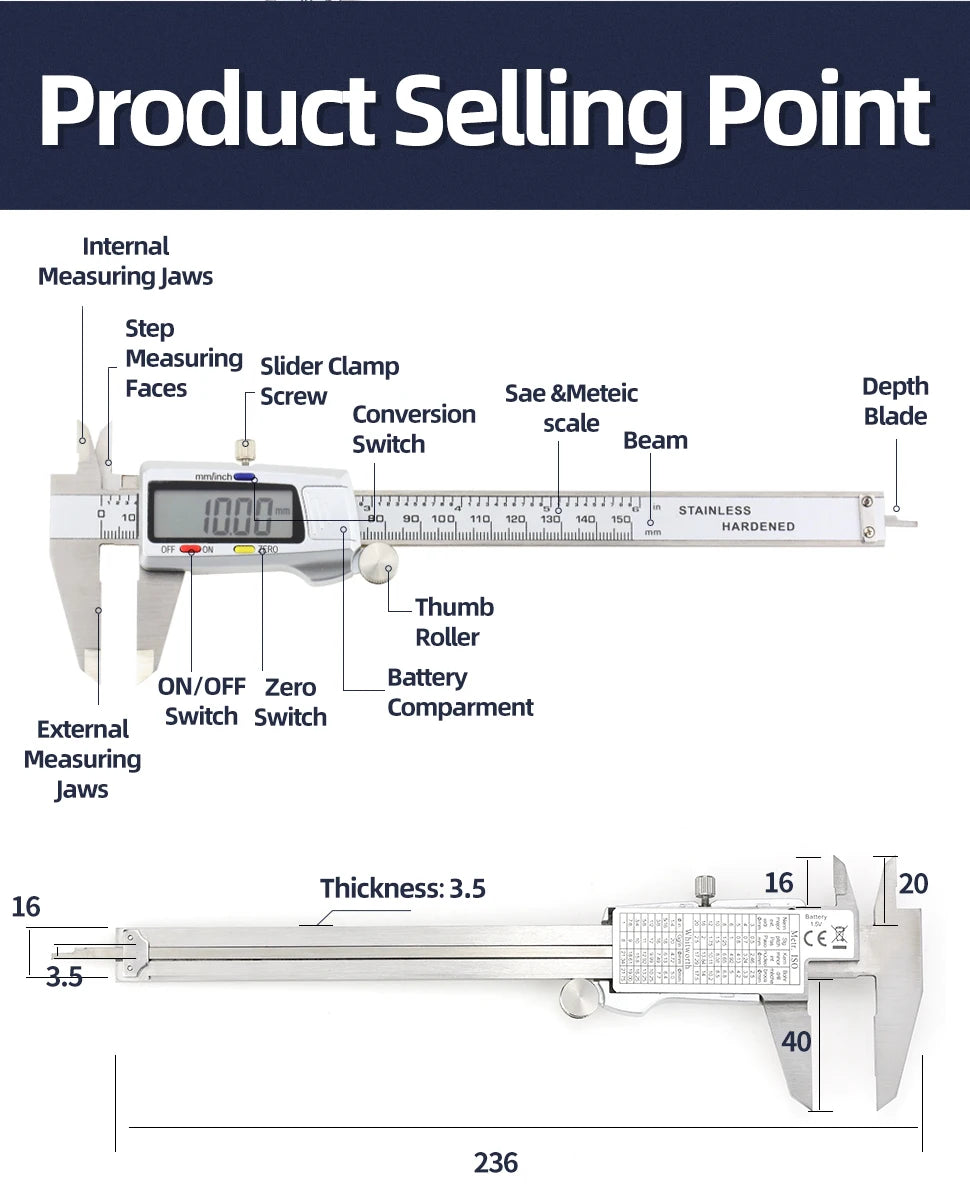 Stainless Steel Digital Caliper with LCD Display