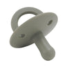 A light gray silicone baby pacifier soother with a ring and a handle.