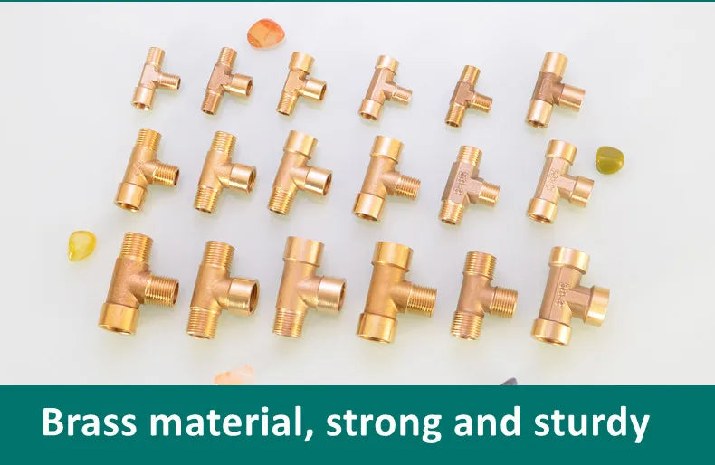 A collection of brass BSP tee pipe fittings for various connections.