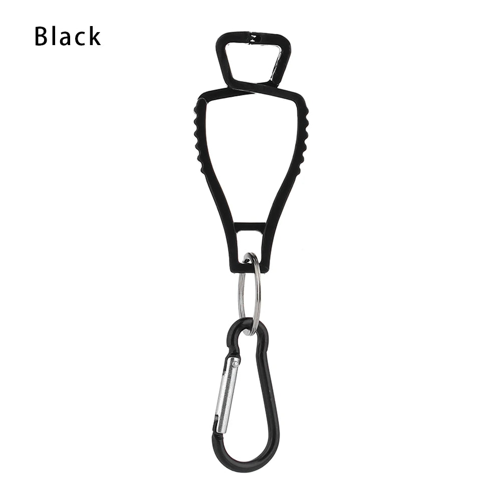 Black durable glove clip with an ergonomic grip and a metal hook.