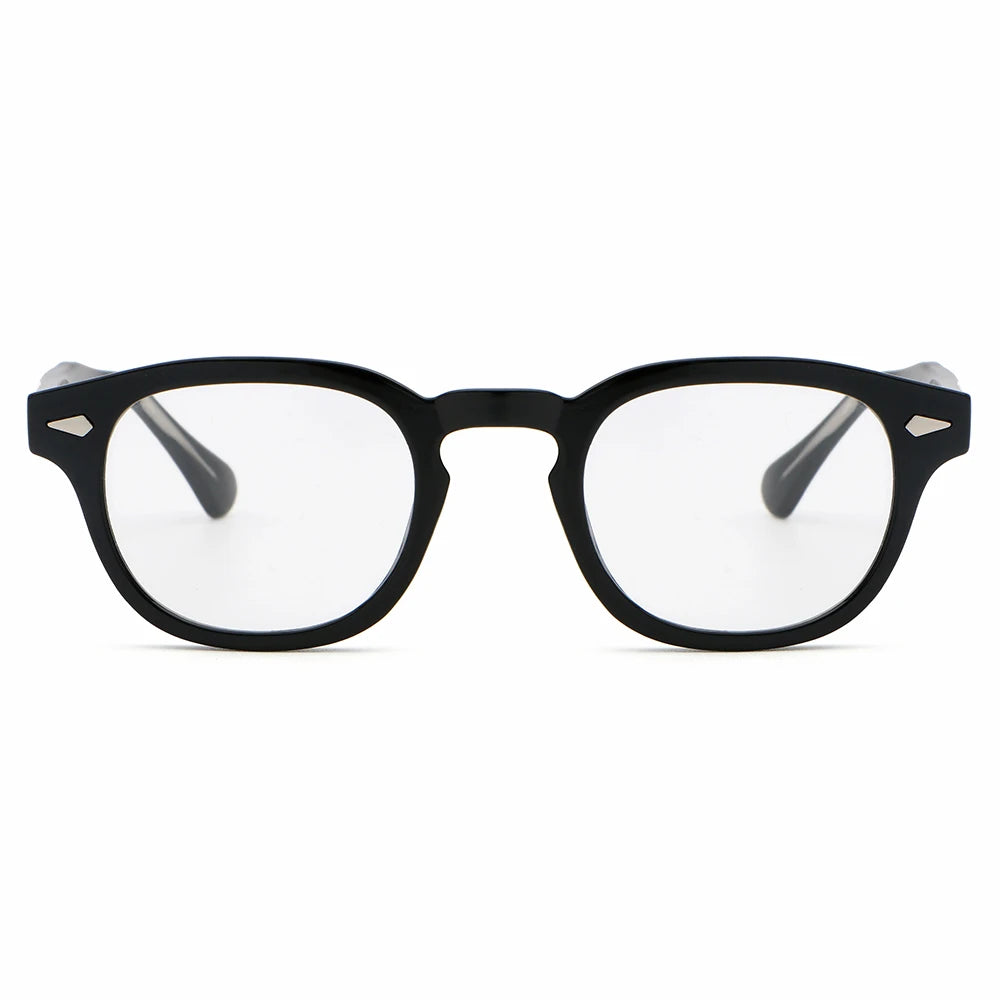 A pair of black square blue light blocking glasses viewed from the front.