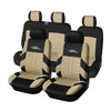 Two black and beige car seat covers for a two-row vehicle.