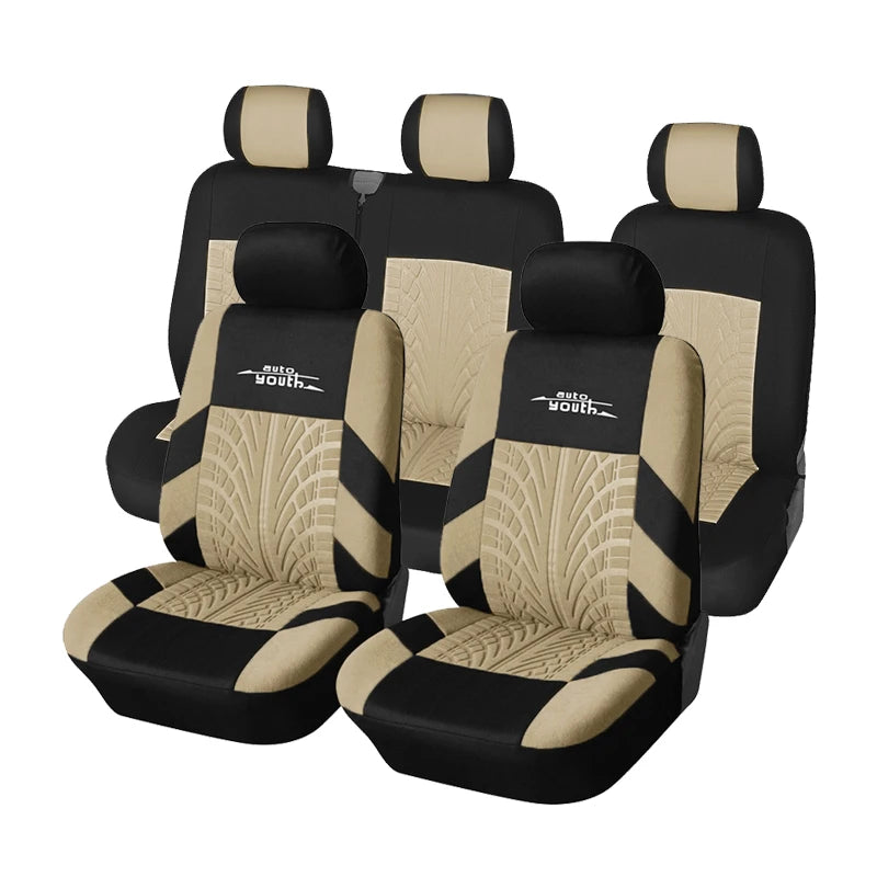 Two black and beige car seat covers for a two-row vehicle.