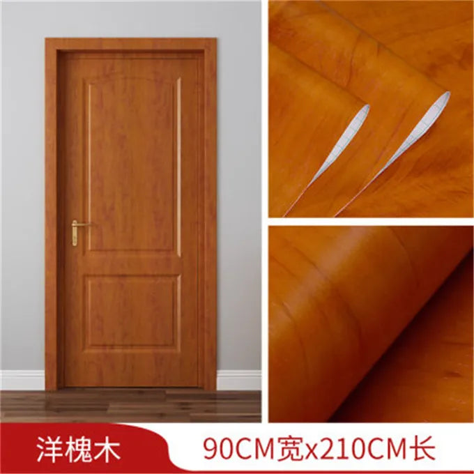 A wooden door in a medium brown tone with vertical grain texture, shown alongside close-ups of the wood grain pattern.