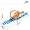 A blue and orange DIY stunt racing car track set featuring a loop and dual-lane races.