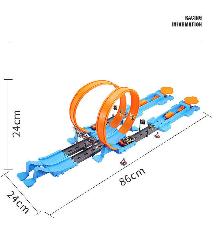 A blue and orange DIY stunt racing car track set featuring a loop and dual-lane races.