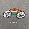 Rainbow embroidered iron-on patch featuring a rainbow arc with the text storms don't last forever