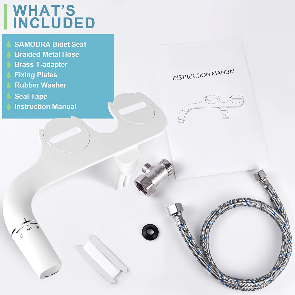 A white ultra-slim dual nozzle bidet attachment is shown with its components and instruction manual.