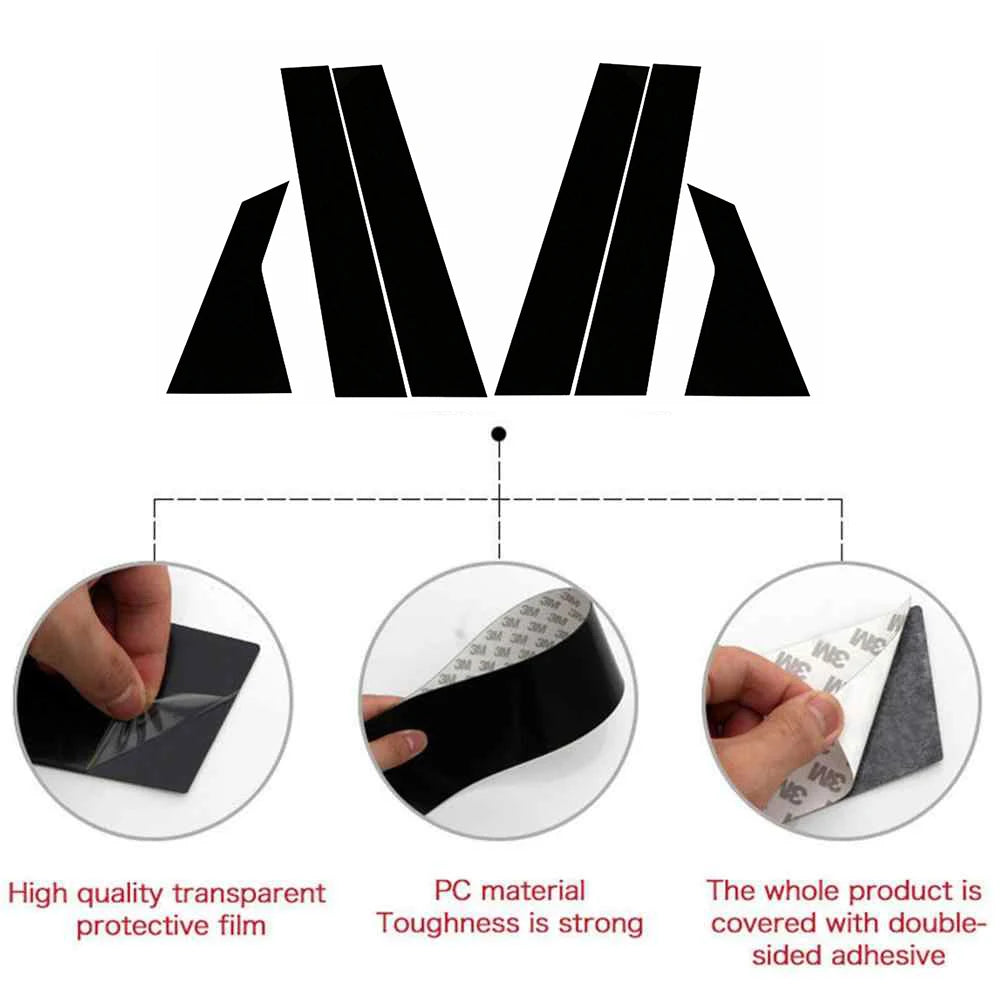 Glossy black door pillar post covers for Honda Civic 10th Gen showing various angles and features