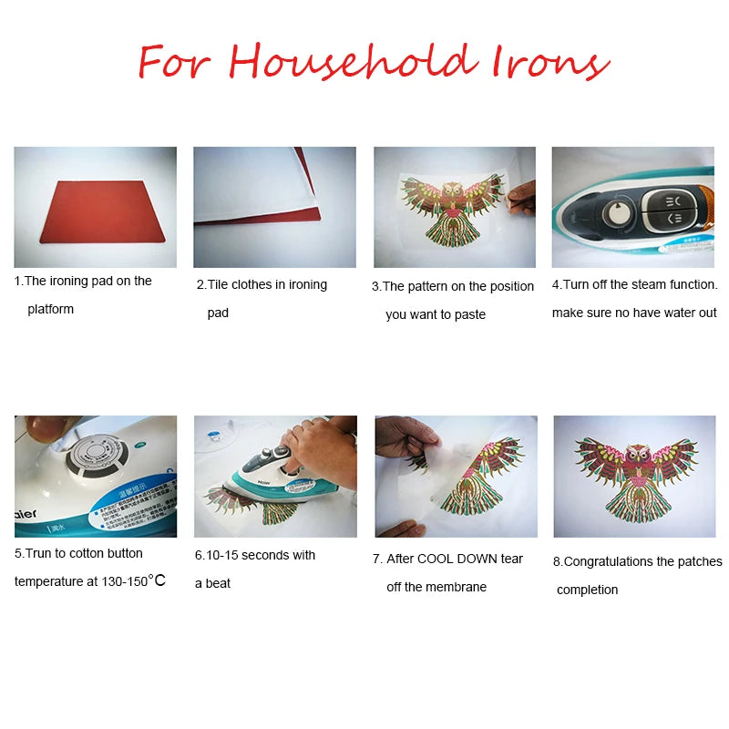 Instructions for using a floral faith iron-on patch on household irons, showing preparation and application steps.