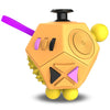 An orange 12-sided fidget cube with purple and black accents and a yellow top.