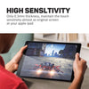 A person is holding an iPad with a screen protector applied, demonstrating high sensitivity.