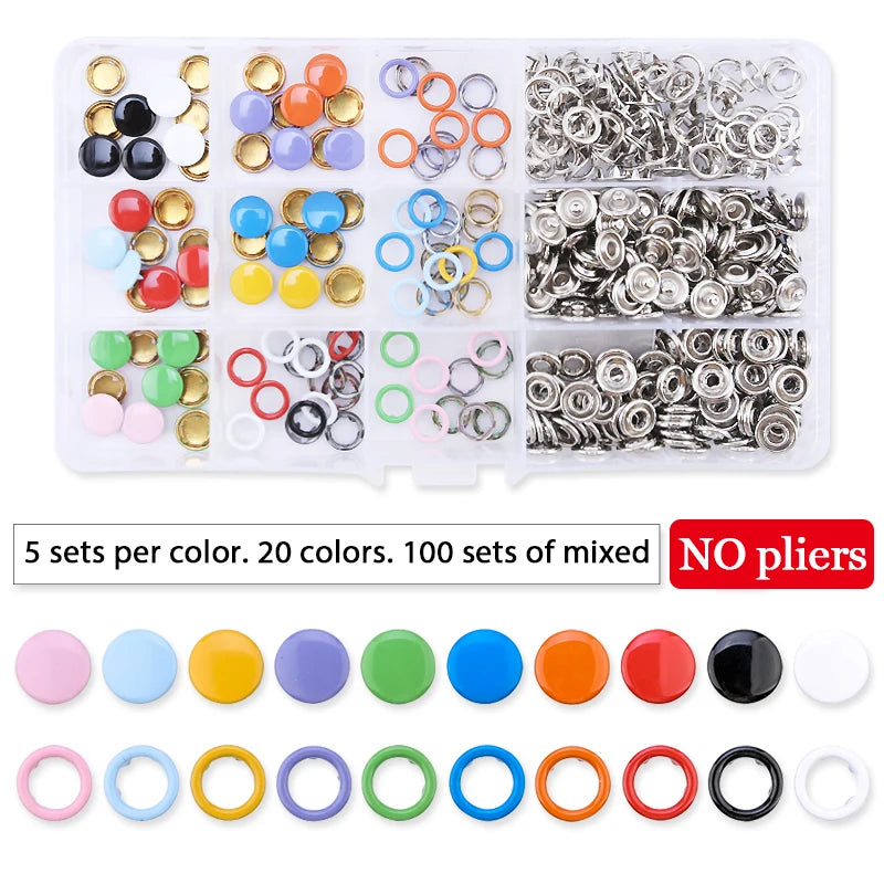 A collection of metal snap fasteners and rings in various colors and sizes, packaged for crafting or jewelry making.