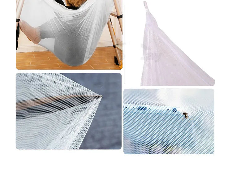 Elegant four-door mosquito net bed canopy made of breathable polyester shown in various applications.