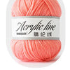 A ball of bright coral pink acrylic yarn labeled as Acrylic line with the text 09 strand.
