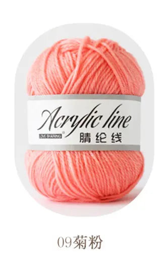 A ball of bright coral pink acrylic yarn labeled as Acrylic line with the text 09 strand.