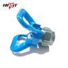 Blue universal airless paint sprayer nozzle guard and seat with a metal fitting.