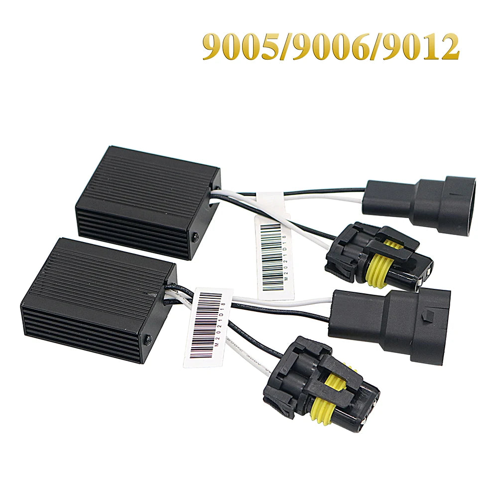 Black LED decoder harness for automotive headlights and fog lights, featuring multiple connectors.