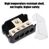 Black car audio power distribution block with four openings and a clear plastic cover