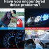 A collage of car problems including a person working on a car, dim headlights, a battery gauge, and someone creaking while st