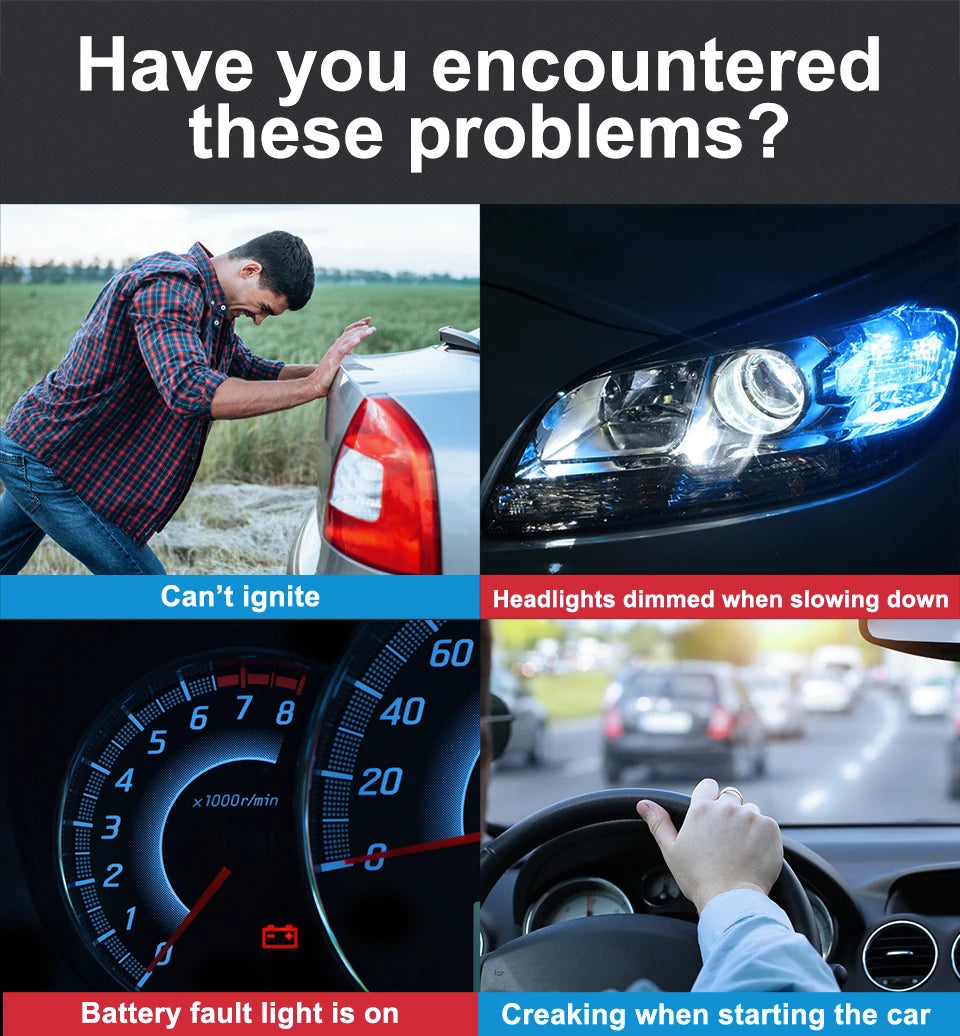 A collage of car problems including a person working on a car, dim headlights, a battery gauge, and someone creaking while st